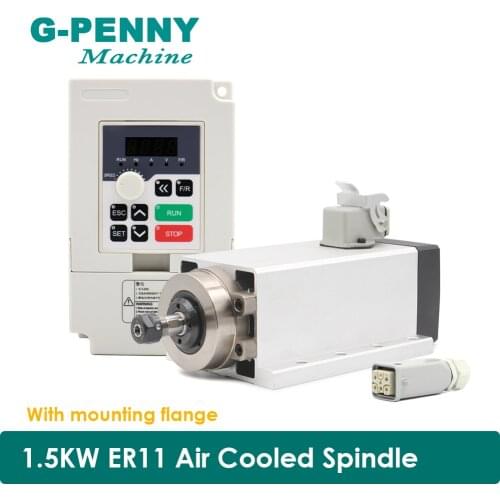 1.5kw ER11 Air Cooled Spindle motor 220v with flange square spindle 400Hz air cooling 4pcs bearings & 1.5KW QL Inverter