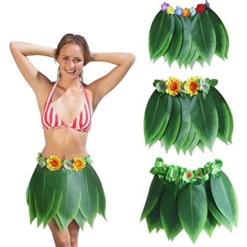 Adults Kids Hawaiian Tropical Hula Grass Leaf Flower Skirt Fancy Dress Costume Plus Size