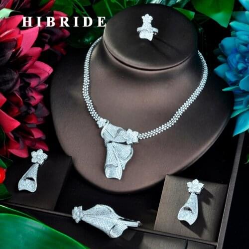 HIBRIDE Luxury 4pcs Bridal Zirconia Necklace Earrings Rings For Women Party Luxury Dubai Nigeria Wedding Jewelry Sets N-807