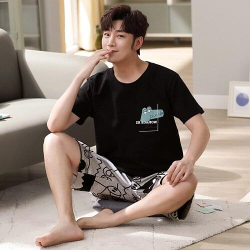 Summer Cartoon Pajamas for Men Sleepwear Short Sleeve Sleep Tops Male Pajama Sets Naughty Bear Print Patchwork Pijama Mens Set