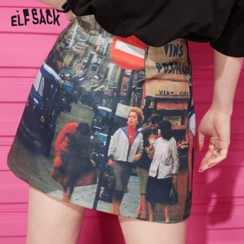 ELFSACK Letter Print Chic High Waist Casual Women Mini Skirts,2021 Summer Vintage,Graphic Sexy Ladies Daily Bottom