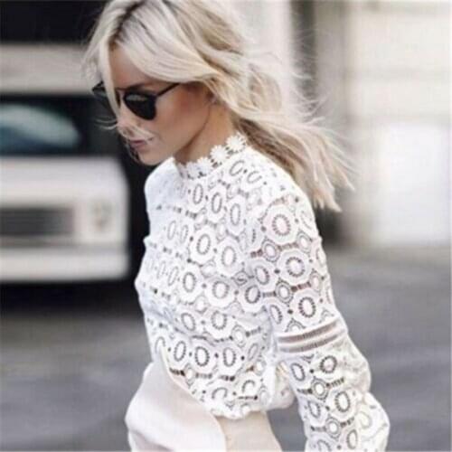 Fashion 2020 Womens Lace Crochet Flower Blouses Ladies Cotton Casual Loose Long Sleeve Shirts female Hallow Out White Tops
