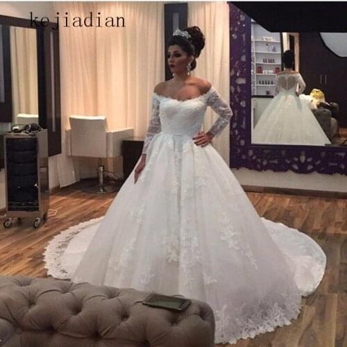 Vestido De Noiva 2020 Gorgeous New ball gown Wedding Dress Off the Shoulder Tulle Applique Long Sleeves Bridal Gown Custom Made