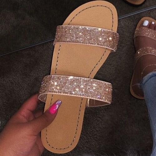 2020 New Rhinestone Sandals Women Summer Slippers Open Toe Big Size Sandal Beach Slides Women Summer Shoes Gold Silver