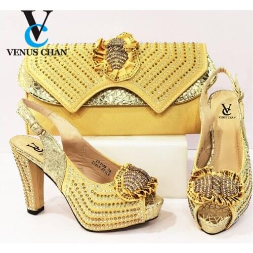 New Italian Design Fashion Yellow Color Party Elegant Women Shoes and Bag 2021 Nigerian Set Decorated With Rhinestone Mixing