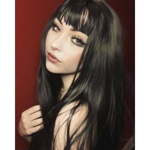 Black Hair Wig Silky Sytaight With Bangs Machine Made Synthetic Wig for Women Cosplay Wig Daily Wear