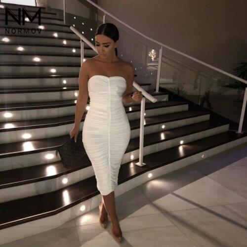NORMOV Sexy Bodycon Dress Strapless Pleated Summer Party Dress Women Shoulder Sleeveless Backless Beach Casual Women Dress
