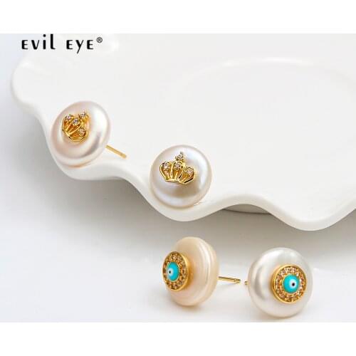 EVIL EYE Hamsa Hand Pearl Stud Earrings Gold Color Crown Cross Micro Pave Earrings Fashion Jewelry for Women Ladies EY6462