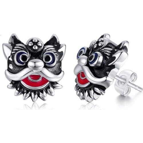 Punk Chinese Lion Dance Stud Earrings Mens Stainless Steel Earring Small Hip Hop Earring Rock Roll Biker Animal Jewelry