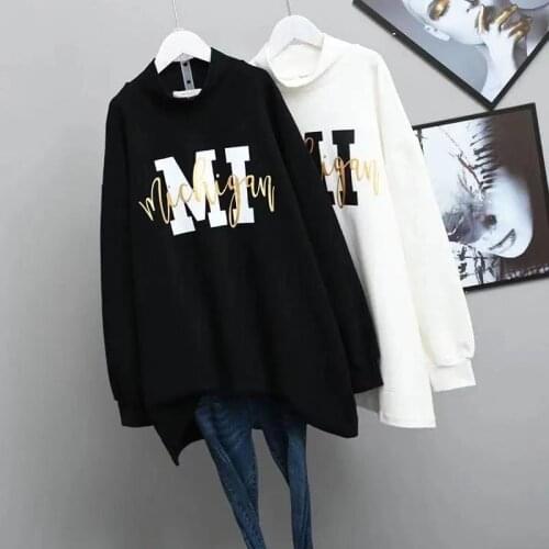 Large Plus Size Add Fleece Loose Girls Casual Women Clothes Turtleneck Tops Long Sleeve Warm Hoodies For Teen Lady Long Hoody