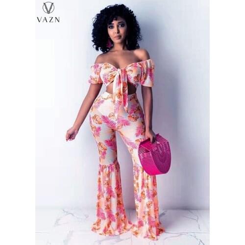 VAZN 2020 Casual Young Sexy High Street Soft Print Off Shoulder Short Sleeve Long Bandage pants Women 2 Piece Set