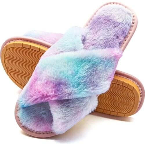 Womens Fluffy Slippers Soft Fuzzy Cross Band Plush Furry House Slides Slip on Open Toe Indoor Faux Fur Sliders FA1001