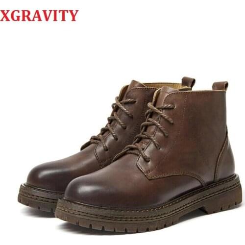 XGRAVITY 2019 Autumn Casual Ladies Ankle Boots Winter Genuine Leather Mid-Heeled Leisure Elegant Hand Mde Ladies Footwear S050