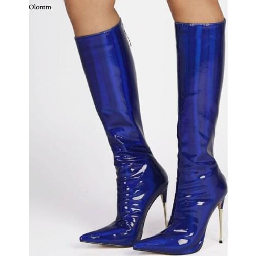 Olomm New Women Winter Shiny Knee Boots Metal Stiletto Heel Pointed Toe Gorgeous Blue Purple Club Wear Shoes Women US Size 5-13
