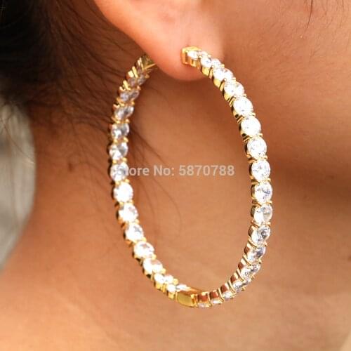 60mm Hoop-Earrings Charm Gold Plated Pink Fake Rhinestone Circle Big Hoop Earrings for women
