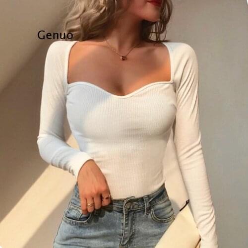 Women Vintage Sexy Low Cut Knitted Tops Ladies Long Sleeve V Neck Solid Slim Fit Skinny Casual Fashion Elegant Basic T Shirts