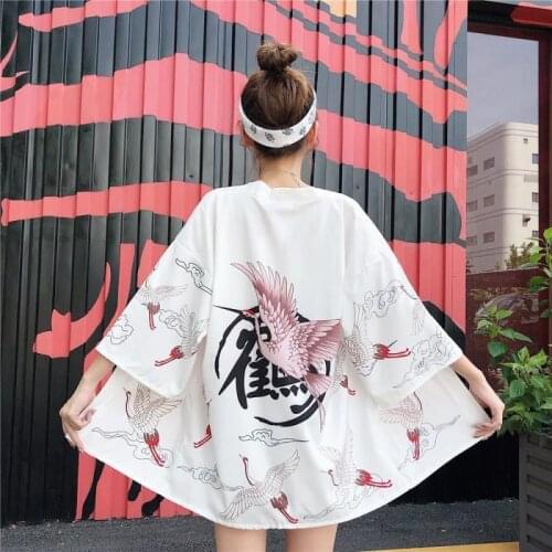 Chinese style crane seven-quarter sleeve couple female Hong Kong style Japanese cardigan kimono casual sun protection y2k jacket
