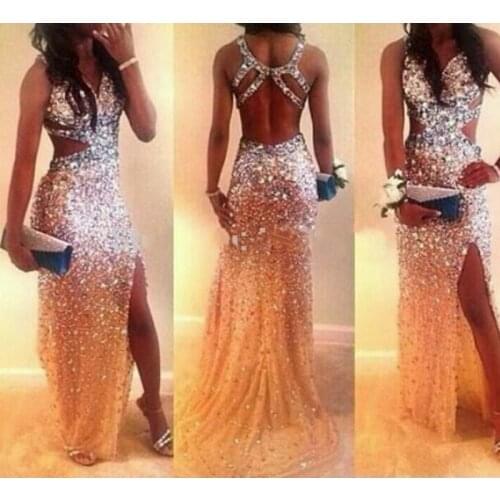 2020 Mermaid Champagne Black Girls Prom Dresses Strap V Neck Beaded Sequins Crystals Side Slit Long Open Back Banquet Dress
