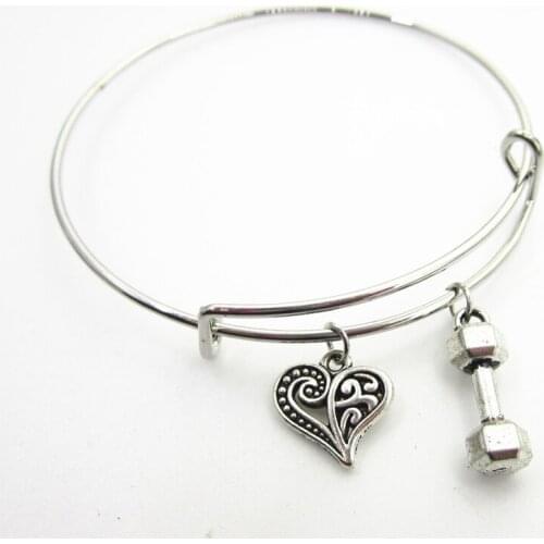 10pcs/lot Love Heart dumbbell Charm sports bracelets bangles jewelry expandable adjustable wire hook bangles bracelet