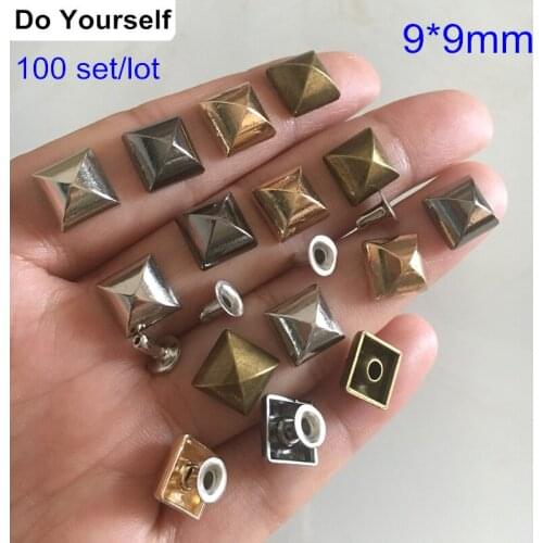 100 Set Punk Rock Spike Rivet Studs 9*9mm Plump Pyramid Metal Rivet Studs,Square Shape DIY Rivets,Silver,Bronze,Gold,Black