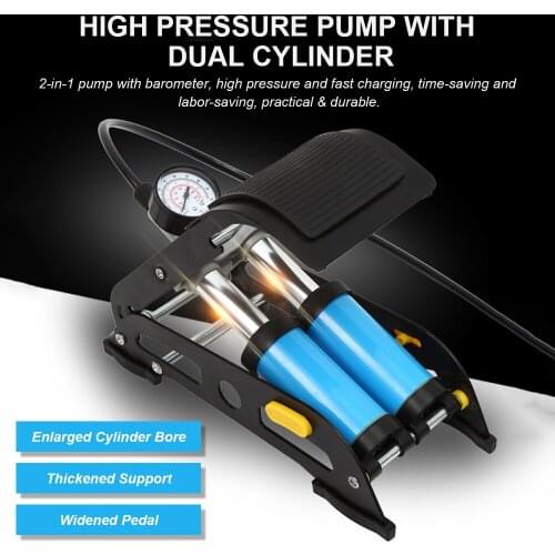2-In-1 Folding Air Pump Ordinary Barometer in Blue High Pressure Pump with Dual Cylinder Inflatable Cylinder Inflation Pump