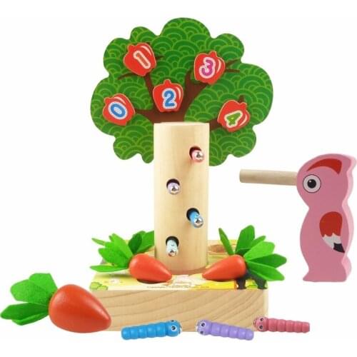 3 in 1 montessori educational wooden Toys digital apple tree pecker catching insects pulling radish scene interactive house toys