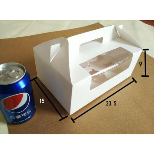 30pcs 23.5*15*9cm 6 grid White cardboard Paper Muffin window Box with Handle For Candy\Cake\Dessert \party Packing boxes