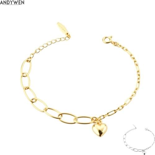 ANDYWEN 2020 New 925 Sterling Silver Gold Heart Round Chain Square Bangle Bracelet Women Jewelry Luxury Gift Rock Punk Wedding
