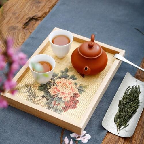 Flower Printing Bamboo Tea Tray For Tea Pot Tea Cup Plum Blossom Lotus Orchid Printing Tray For Tea Party Office Home Decoration