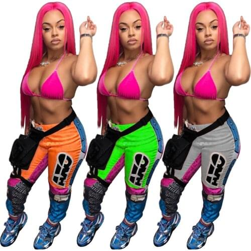 Letters Printed Street Style Cargo Sweatpant Women Casual High Waist Color Block Spliced Trouser Hip Hop Workout Running Pants