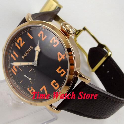 Parnis watch 46mm gold caseblack dial orange numbers deployant clasp mechanical 6497 hand winding movement mens watch 405