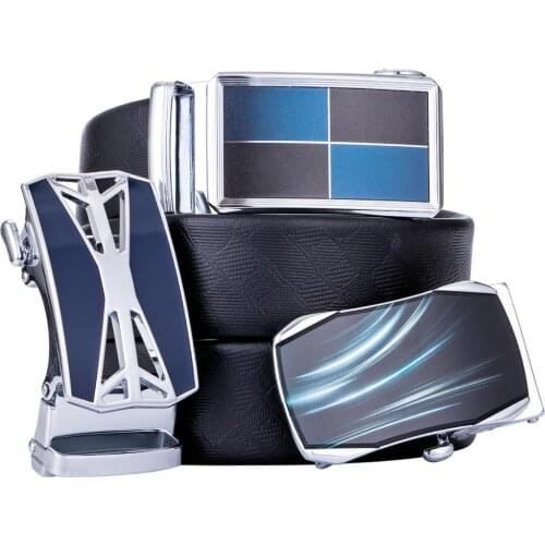 Black Leather Belt for Men Automatic Sliding Buckle Blue Stripe Buckle Waist Strap Changable Belt Gift Set for Male Barry.Wang