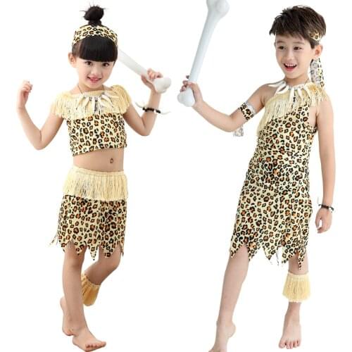 Halloween Childrens Wildling Costumes Fringed Savage Clothes Leopard Print Indian Primitive For Kid Girls Boys Dress