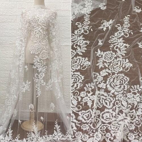 LFY New Off White Flower Tulle Bead Embroidery Bridal Wedding Gown French Lace Fabric DIY Dress Sewing Fabric 51" 1 Yard