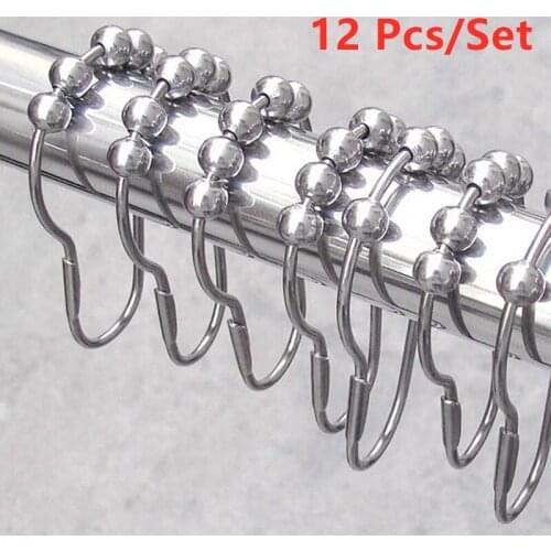 12pcs/set Curtain Hooks Polished Satin Nickel 5 Roller Ball Shower Curtain Rings Hooks Curtain Accessories Bathroom Supplies
