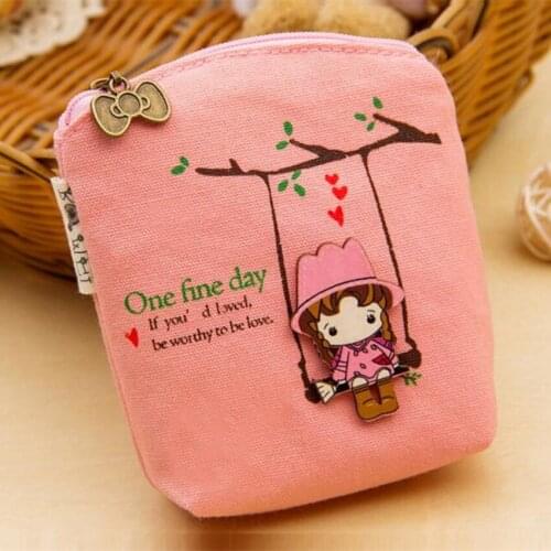 M088 Cute Women Purses Cartoon The Little Girl On The Swing Quality Canvas Fabric Data Line Coin Purse Card Bag
