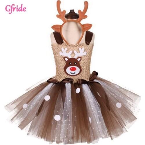 Christmas Deer Tutu Dress For Girls New Year Costume Kids Reindeer Princess Dresses Knee-length Xmas Childrens Outfit Clothing