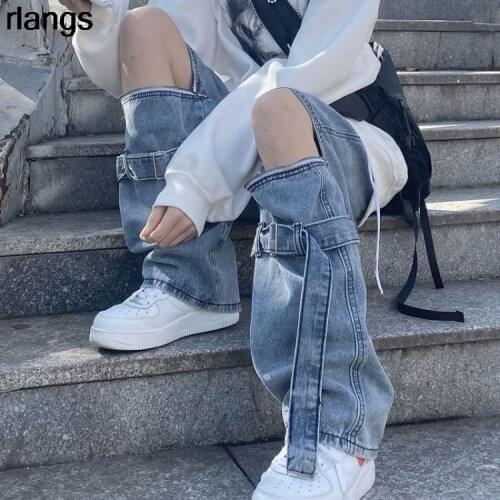 Ripped Jeans Womens Spring And Autumn New Style Detachable Wild Loose Student Straight Leg Pants Personality Trendy Trousers