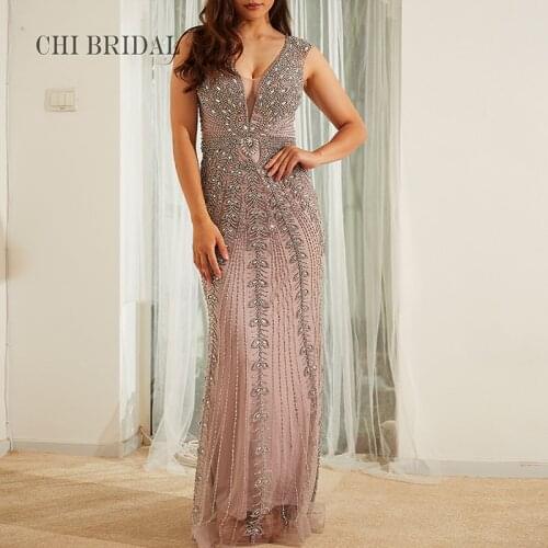 V-Neck Sexy Evening Dress Fashionable And Elegant Mesh Fabric Shoulder-Length Dress Beading Decoration Tail Evening Dress