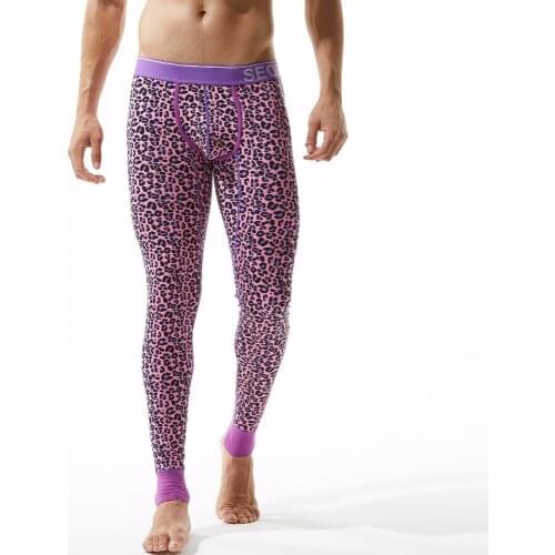 SEOBEAN WINTER AUTUMN Long johns Mens sexy Leopard cotton Thermal Underpants Tights leggings Warm Pants Slim Underwear