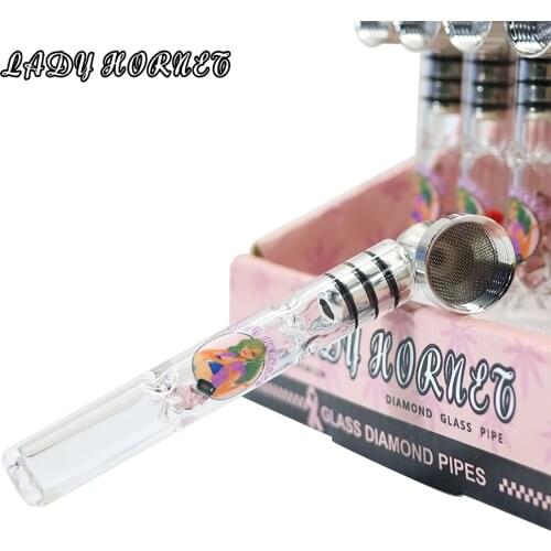 LADY HORNET Portable Glass Smoking Pipes Diamond Style Glass Tobacco Hand Pipe With 15MM Metal Bowl For Dry Herb