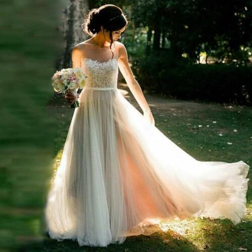 Thinyfull Boho Beach Wedding Dress 2021 Simpe Elegant Illusion Neck Wedding Gowns Vestido Boho Bridal Dresses With Lace Applique