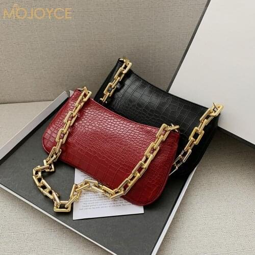 Vintage Zipper Alligator Pattern Design Underarm Shoulder Bags Women Casual PU Leather Pure Color Thick Chain Handbag Purse Tote
