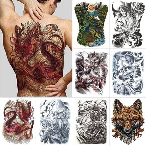 Full Back Waterproof Tattoo Sticker Body Temporary Dragon Fox Fish Unicorn Carp Flower Tiger Lion Cool Large Fake Sexy Tattoo