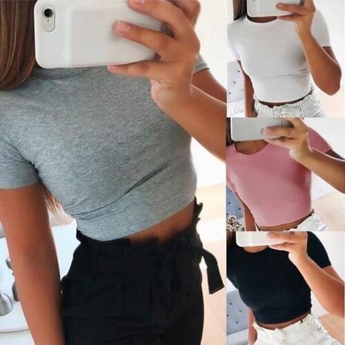 Women Summer T-shirts Short Sleeves Round Neck Slim Fit Casual Pullover Crop Tops Tees Black White Gray