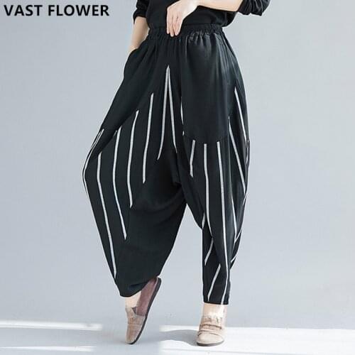 Cotton Linen Black Vintage Striped Oversize Harem Pants Women 2021 Spring High Waist Loose Casual Plus Size Ladies Trousers