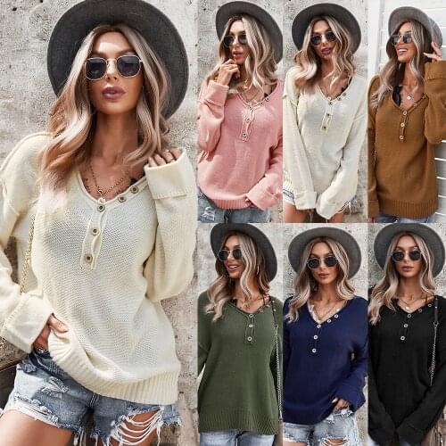 Women Sweater Autumn Full Sleeve Solid Color Sexy V-Neck Buttons Patchwork Female Pullovers Knitted OL Casual Knitwear C3008