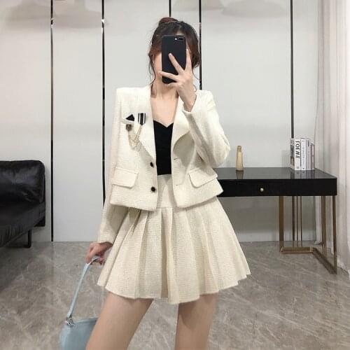 2020 Autumn Winter Vintage Elegant Tweed two Piece Set Women Jacket Coat Mini Skirt set Two Piece Outfits crop top chandal mujer