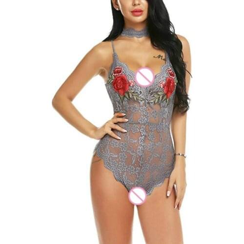 Women Exotic Sexy Mesh Lingerie Transparent Lace Bodysuit Erotic Catsuit Porn Embroidery Rose Printed Fabric See Through Bodycon