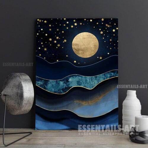 Golden Moon Nordic Abstract Metal Canvas Wall Art Painting Poster Bedroom studio print Living kid Room Home Decoration Prints